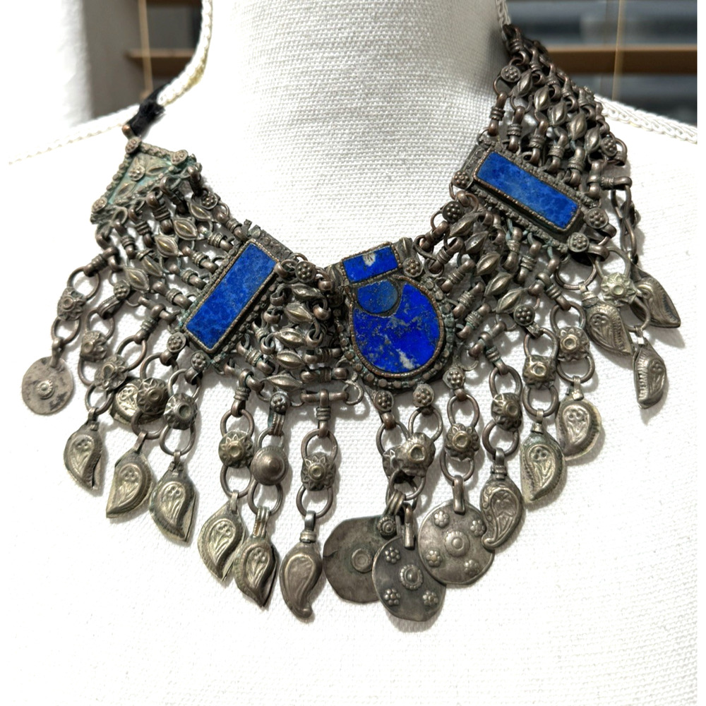 Vtg Large Ethnic Collar Necklace Lapis Lazuli Dangling Coins Tribal Choker Kuchi